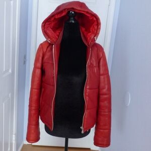 D&G Red Leather Puffer Jacket w/ Hood | Tartan Lining | XS
